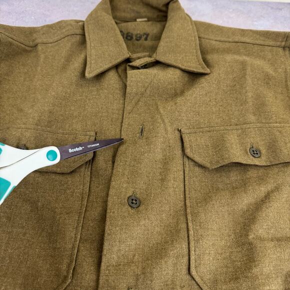 WWII Vtg Wool Shirt US Military Olive Drab Khaki Button Placket Sz 15/32 READ - Picture 7 of 16
